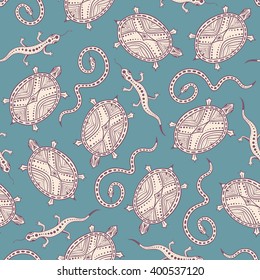Seamless hand drawn pattern with snakes, turtles and lizard. Background in doodle style for web, textile or print. Vector illustration.