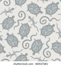 Seamless hand drawn pattern with snakes, turtles and lizard. Background in doodle style for web, textile or print. Vector illustration.