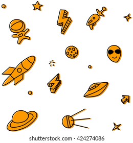 Seamless hand drawn pattern of space aliens. Two colors old school print.