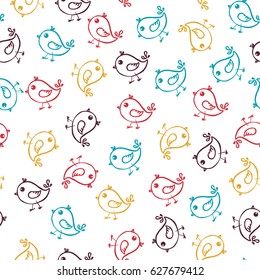 Seamless hand drawn pattern with sparrows. Vector colorful illustration