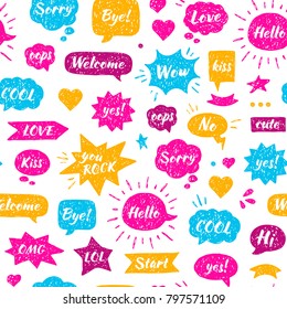 Seamless Hand drawn pattern. Speech bubbles with isolated dialog words: Hello, Hi, Sorry, Welcome, Bye, No, Yes