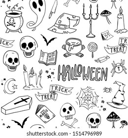 Seamless hand drawn pattern with spooky Halloween doodles. Holiday background. Eps 8