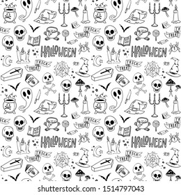 Seamless hand drawn pattern with spooky Halloween doodles. Holiday background. Eps 8