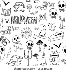 Seamless hand drawn pattern with spooky Halloween doodles. Holiday background. Eps 8