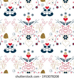 seamless hand drawn pattern with squirrel and flowers, scandinavian style pattern. Vector eps 10. Isolated on white