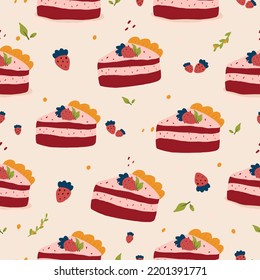 Seamless hand drawn pattern of strawberry cake 