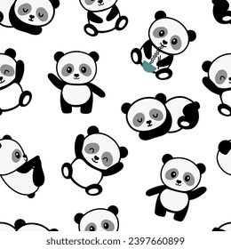 Kawaii panda bears. Cute pandas in various poses. Hand drawn colored vector  seamless pattern. Pink background Stock Vector