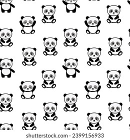 Seamless hand drawn pattern with stylized cute baby pandas in different positions - sleeping, sitting isolated on white background. Endless vector pattern for textiles or fabric for newborns.