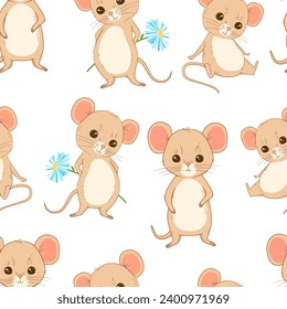 Seamless hand drawn pattern with stylized cute sitting mouse character. Vector cartoon endless pattern for textiles or fabric for newborns.