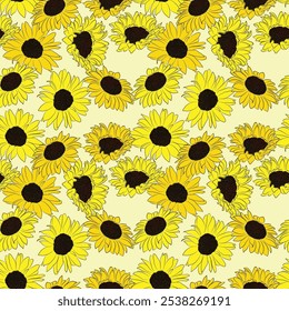 Padrão desenhado à mão sem costura com girassóis em fundo branco. Design para papel de embrulho, impressão de tecido e linhas de vetor flores amarelas