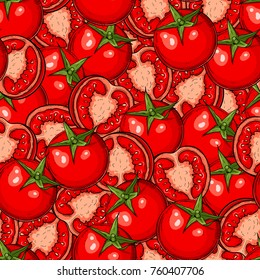 Seamless hand drawn pattern with tomatoes and halves. Natural background for textiles, banner, wrapping paper and other and designs. Vector illustration