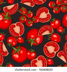 Seamless hand drawn pattern with tomatoes, slices, halves and cherry tomatoes. Natural background for textiles, banner, wrapping paper and other and designs. Vector illustration