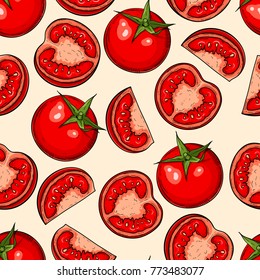 Seamless hand drawn pattern with tomatoes and halves. Vegetable background for textiles, banner, wrapping paper and other and designs. Vector illustration