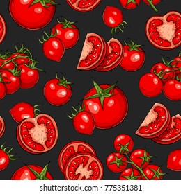 Seamless hand drawn pattern with tomatoes, slices, halves and cherry tomatoes. Natural vegetable background for textiles, banner, wrapping paper and other and designs. Vector illustration