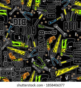 Seamless hand drawn pattern with tools for repair. boys print.  bright print for prints, clothes, t shirt, child wear, wrapping paper . Creative kids original design 