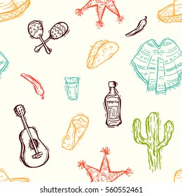 Seamless hand drawn pattern with traditional Mexico elements