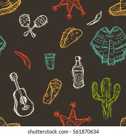 Seamless hand drawn pattern with traditional Mexico elements