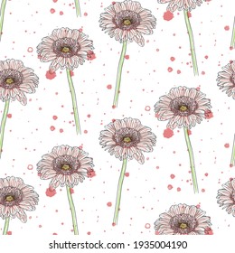 Seamless hand drawn pattern with Transvaal daisy (Gerbera) flowers in watercolor style
