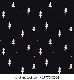 
Seamless hand drawn pattern with trees and snow. Children's pattern on a black background. Trendy modern textures for fabrics, wallpapers, textiles, clothing. Vector illustration