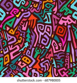 Seamless Hand Drawn Pattern in Tribal Style. Colorful Vector Background for Textile Design