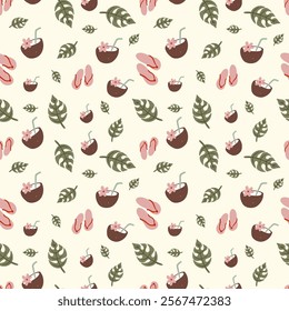 Seamless hand drawn pattern with tropical drinks, flip flops, and lush leaves on a light background vector illustration