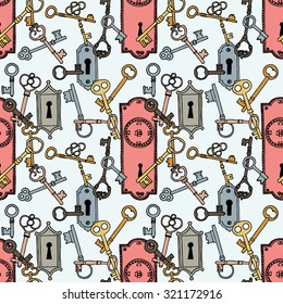 Seamless hand drawn pattern with various old keys and locks, fairy tale vector illustration