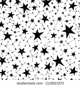 Seamless hand drawn pattern. Vector background with stars. Space and astronomy theme. Design for prints, shirts and posters.