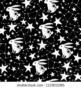 Seamless hand drawn pattern. Vector background with rabbit and stars. Space and astronomy theme. Design for prints, shirts and posters.
