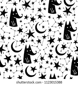 Seamless hand drawn pattern. Vector background with fox and stars. Space and astronomy theme. Design for prints, shirts and posters.