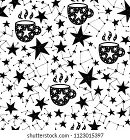 Seamless hand drawn pattern. Vector background with cup and stars. Space and astronomy theme. Design for prints, shirts and posters.