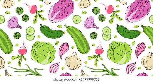 seamless hand drawn pattern with vegetable isolated on white background. Bundle of fresh delicious vegan diet vegetarian products, wholesome healthy food, cooking ingredients.