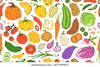 seamless hand drawn pattern with vegetable isolated on white background. Bundle of fresh delicious vegan diet vegetarian products, wholesome healthy food, cooking ingredients.