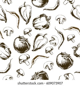 Seamless Hand Drawn pattern with vegetables.Healthy food vector background.template for package design.
