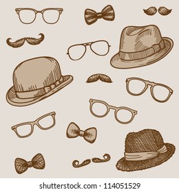 Seamless hand drawn pattern of vintage  bowler, fedoras, mustaches, eyeglasses and a bow ties (bright)- vector illustration.