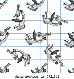 Seamless hand drawn pattern of vintage microscopes in grayscale on classic grid notebook background. Ideal for science, biology, and school-related educational designs.