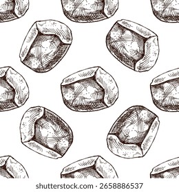 Patrón dibujado a mano sin fisuras de Formas de roca mineral vintage con formas angulares y facetadas en estilo de grabado monocromo. Ideal para impresiones con temática geológica, empaques naturales y diseño de superficies rústicas.