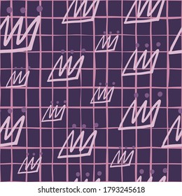 Seamless hand drawn pattern with white contoured crowns. Purple background with check. Decorative backdrop for wallpaper, wrapping paper, textile print, fabric. Vector illustration.