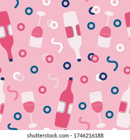 Nahtlose handgezeichnete Weinflasche und Glas mit abstrakten Figuren Stock Vector Illustration für trendige Gewebe Design Textil Tapete Papier Umhüllung Papier.
