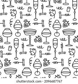 Seamless hand drawn pattern with wine, glasses and corkscrews. Beverage vector background in doodle linear style.