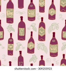 The seamless hand drawn pattern with wine bottles, glasses and corkscrews. Beverage vector background for your design.  