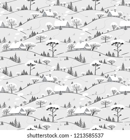 Seamless hand drawn pattern. Winter Landscape background. Ornamental texture for wallpaper, pattern fills, printing on fabric, digital paper. Vector illustration.