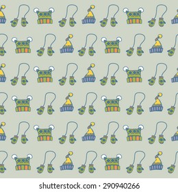 seamless hand drawn pattern with winter knitting hats