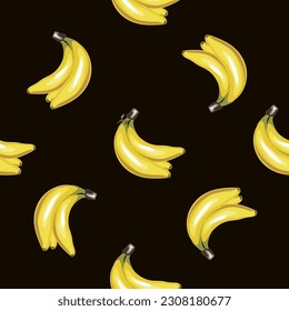 Seamless hand drawn pattern of yellow bananas on a dark background. Graphic print for textiles. Tropical summer stylish vector illustration