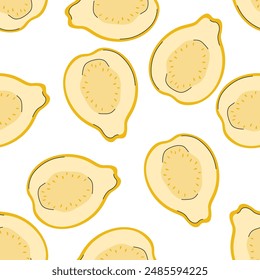 Seamless hand drawn pattern with yellow half guava. Cutted exotic fruit print for fabric