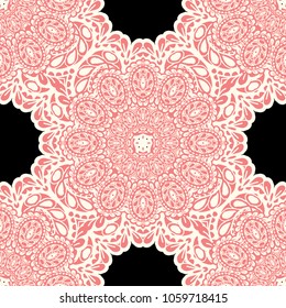 Seamless Hand Drawn Pattern with Zentangle Elements. Trendy Zendoodle Rapport for Feminine Print, Linen, Textile. Cute Autumn Background in Orient Style. Vector Seamless Texture with Flowers