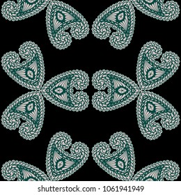 Seamless Hand Drawn Pattern with Zentangle Elements. Vintage Zendoodle Rapport for Feminine Fabric, Wallpaper, Dress. Cute Spring Background in Orient Style. Vector Seamless Texture with Flowers