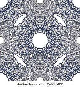 Seamless Hand Drawn Pattern with Zentangle Elements. Vintage Zendoodle Rapport for Feminine Print, Linen, Textile. Cute Autumn Background in Orient Style. Vector Seamless Texture with Flowers