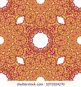 Seamless Hand Drawn Pattern with Zentangle Elements. Vintage Zendoodle Rapport for Feminine Cloth, Wallpaper, Dress. Cute Summer Background in Orient Style. Vector Seamless Texture with Flowers