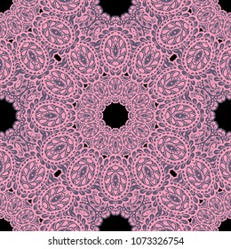 Seamless Hand Drawn Pattern with Zentangle Elements. Vintage Zendoodle Rapport for Feminine Cloth, Wallpaper, Dress. Cute Spring Background in Orient Style. Vector Seamless Texture with Flowers