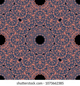Seamless Hand Drawn Pattern with Zentangle Elements. Trendy Zendoodle Rapport for Feminine Fabric, Wallpaper, Dress. Cute Autumn Background in Orient Style. Vector Seamless Texture with Flowers
